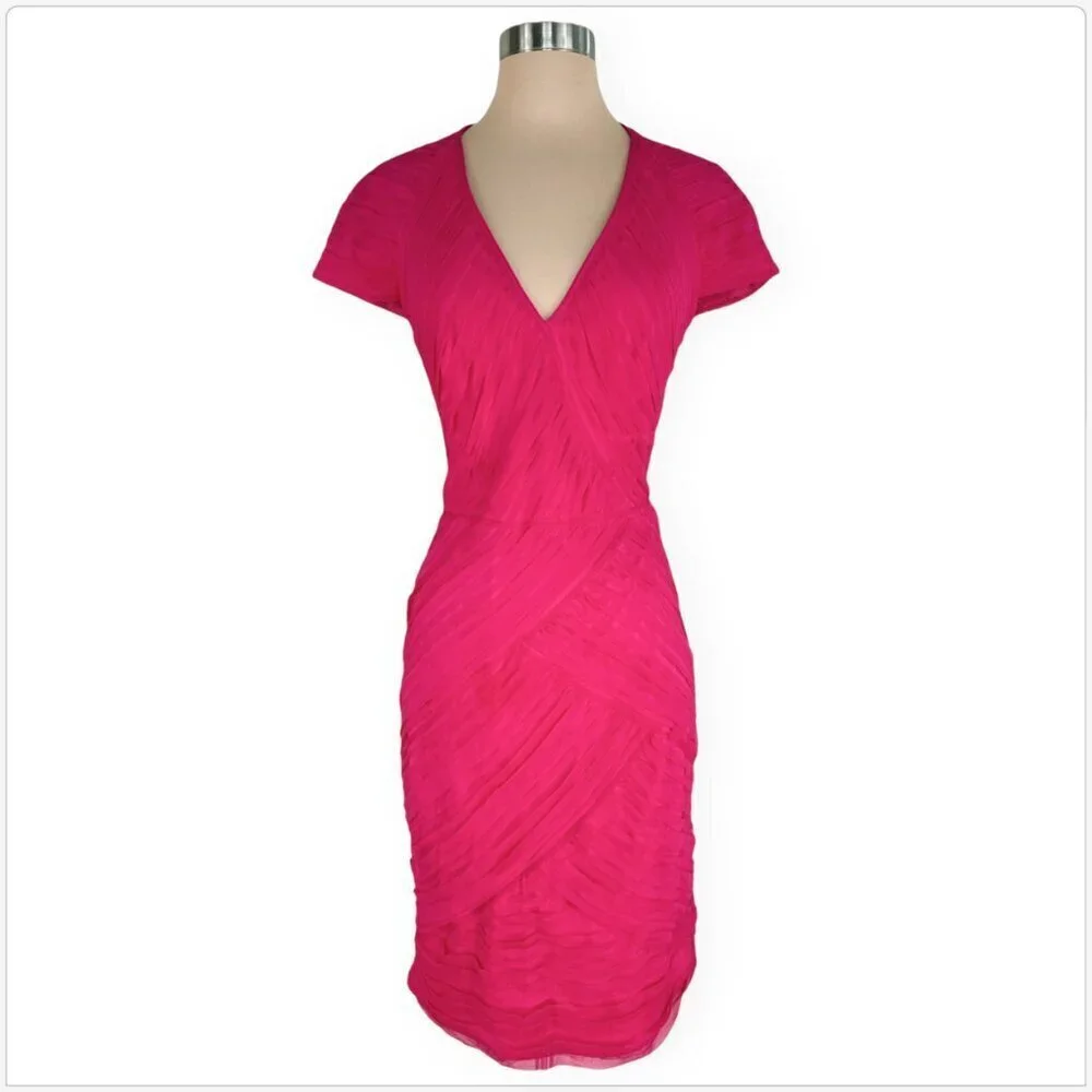 Tadashi Shoji Pink Fuchsia Silk Chiffon V-Neck Cocktail Party Sheath Dress 12